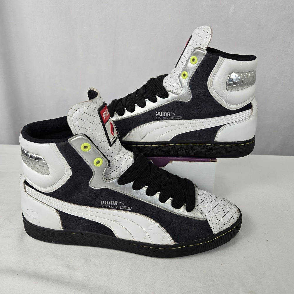 Puma Black and White High-Top Sneakers with Neon Yellow Eyelets